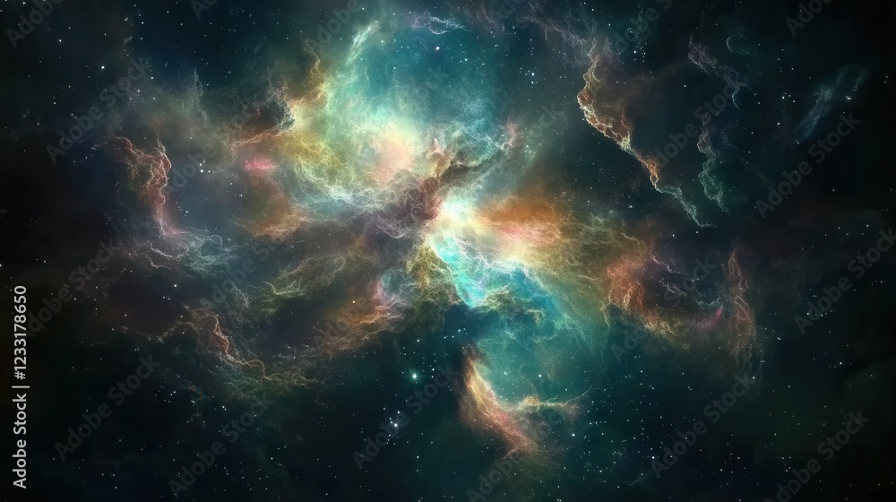 Fototapeta premium Cosmic nebula showcasing vibrant colors and swirling gases in deep space, illustrating the beauty of the universe