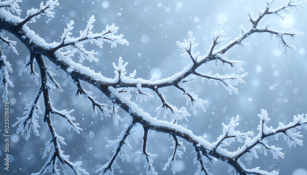 A branch in hoarfrost against falling snow and a softly blurred winter background A branch in hoarfrost against falling snow and a softly blurred winter background