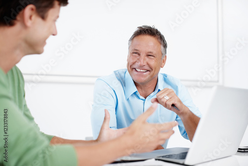 Business people, laughing or mentor in discussion in meeting for feedback, research or support. Funny joke, happy procurement manager or teamwork on laptop for mentorship advice or project management