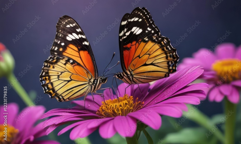 Delicate butterfly perched on a vibrant purple zinnia flower , petals, bloom, gardening Delicate butterfly perched on a vibrant purple zinnia flower , petals, bloom, gardening