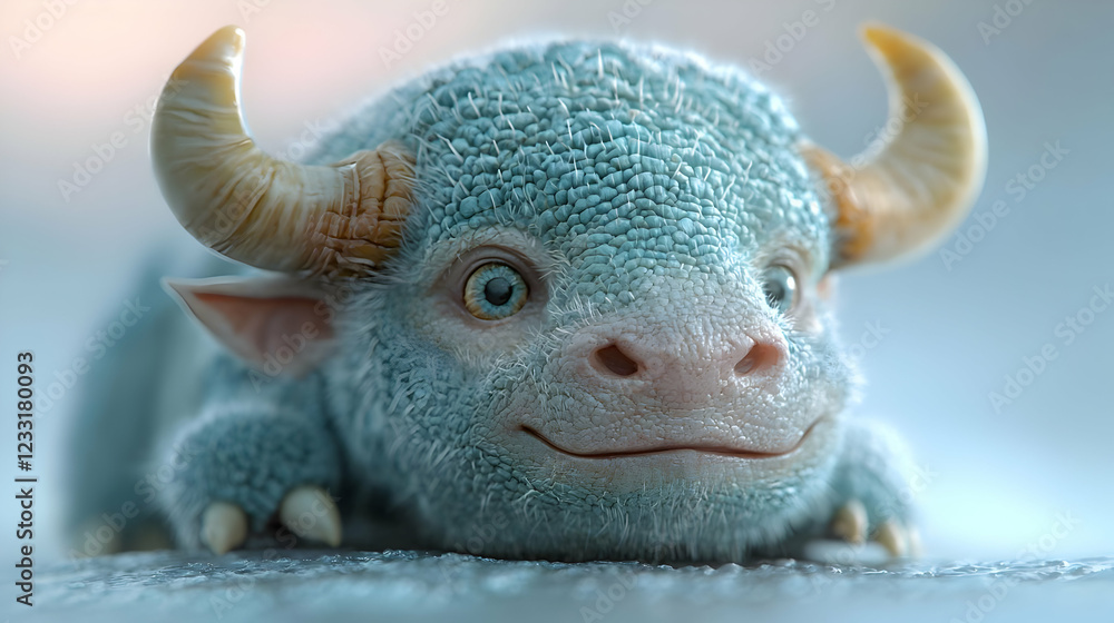 Obraz premium Cute fluffy blue mythical creature, fantasy art