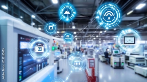 Industrial Smart Factory with Connected Technology and Data Flow Visuals