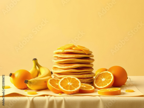 Delightful assortment of yellow breakfast items including pancakes, bananas, and oranges, satisfying, appealing, yum, selection photo