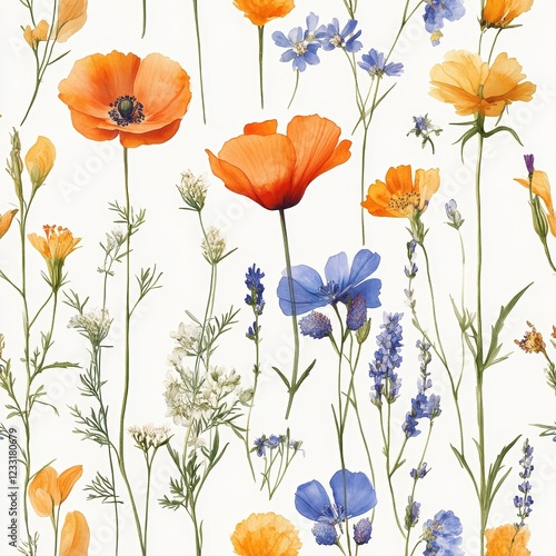 A continuous design of watercolor abstract flowers and plants in a floral theme