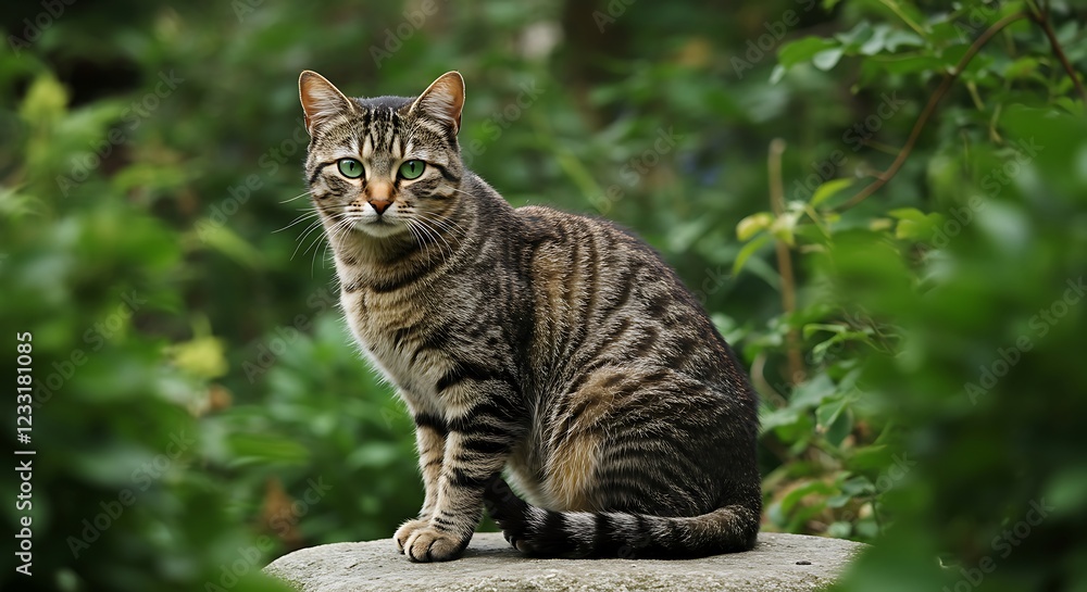 Chat tigré aux yeux vert émeraude, assis dans un jardin luxuriant. Photo de stock pour animaux de compagnie, félins, nature et animaux domestiques. Chat tigré aux yeux vert émeraude, assis dans un jardin luxuriant. Photo de stock pour animaux de compagnie, félins, nature et animaux domestiques.