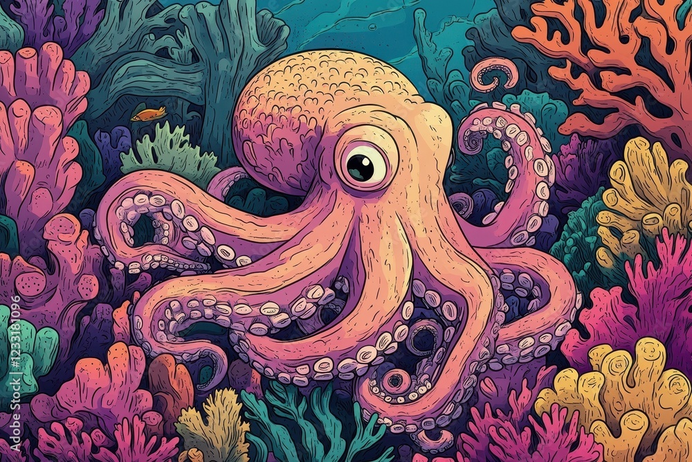Obraz premium A Pink Octopus Among Vibrant Coral Reefs