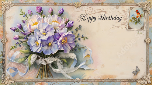 Antique birthday greeting card with a small bouquet of violets