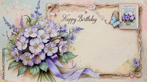 Antique birthday greeting card with a small bouquet of violets