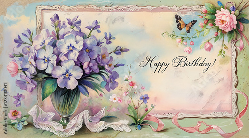Antique birthday greeting card with a small bouquet of violets