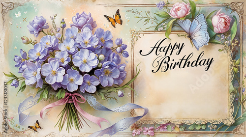 Antique birthday greeting card with a small bouquet of violets