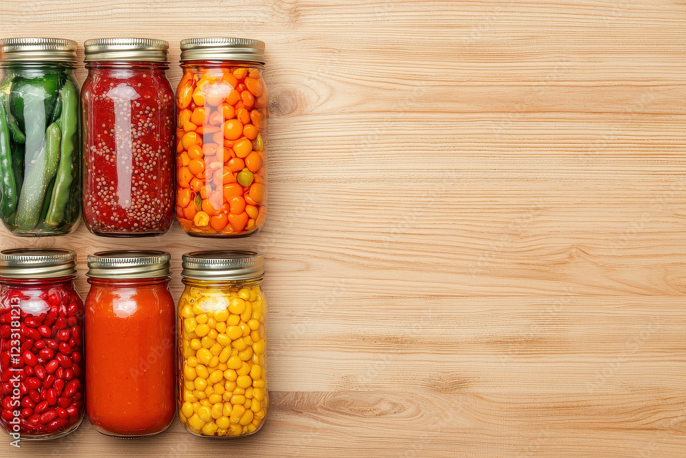 Colorful jarred vegetables and sauces arranged on a wooden surface showcasing various preservation methods for harvesting fruits and vegetables Colorful jarred vegetables and sauces arranged on a wooden surface showcasing various preservation methods for harvesting fruits and vegetables
