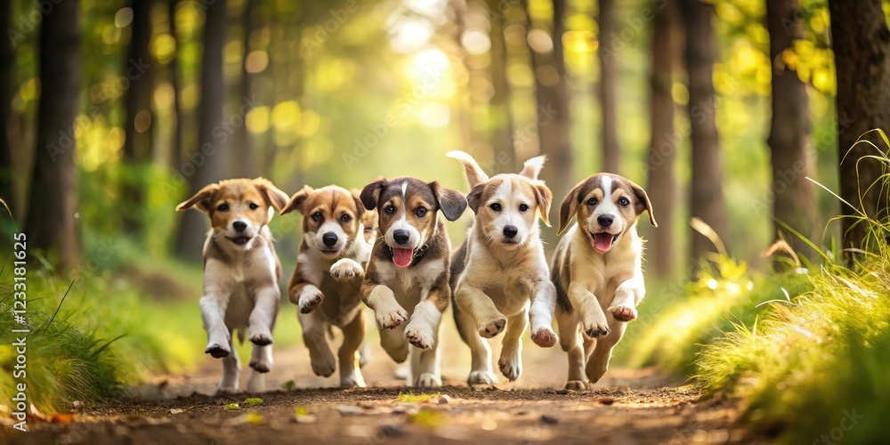 Obraz premium Digital dog wallpaper with a pack of playful puppies running in a forest, dogs, digital art