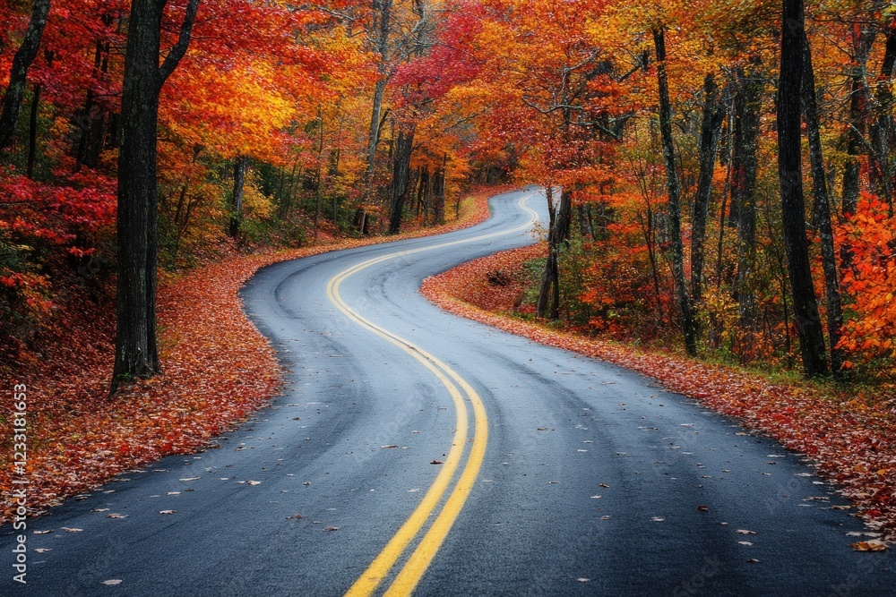 Obraz premium Autumnal Road Trip: A Scenic Drive Through Vibrant Fall Foliage