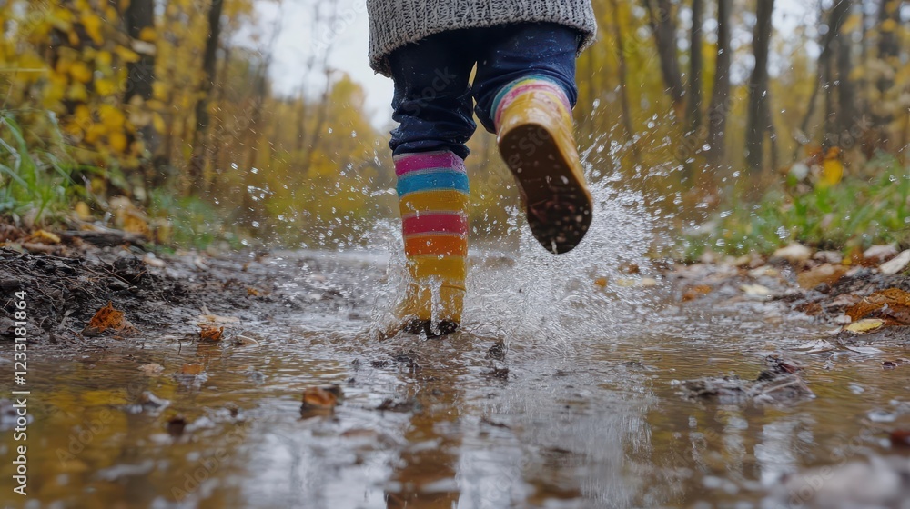 child splashing joyfully in colorful rain boots through autumn puddles capturing pure happiness with motion blur and water droplets child splashing joyfully in colorful rain boots through autumn puddles capturing pure happiness with motion blur and water droplets