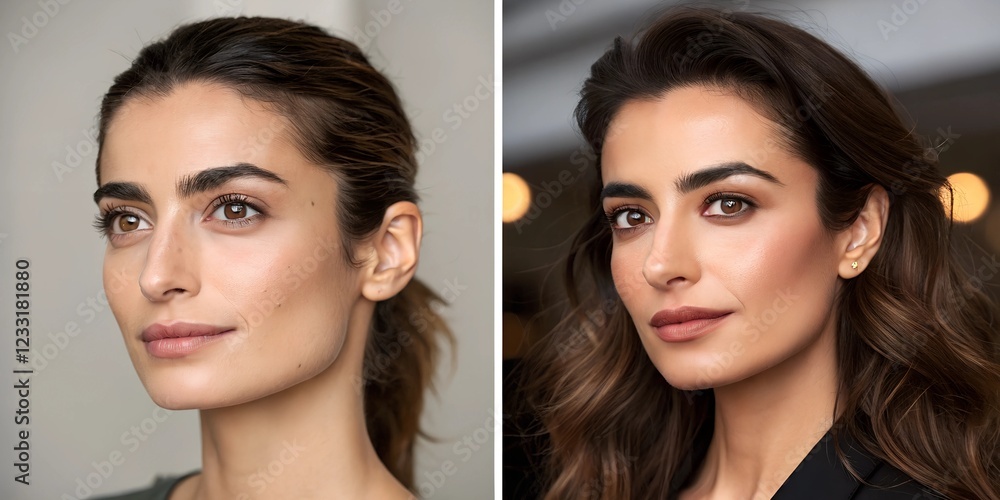 Before and after portrait of a woman with unkempt eyebrows without make up and groomed eyebrows with make up Before and after portrait of a woman with unkempt eyebrows without make up and groomed eyebrows with make up
