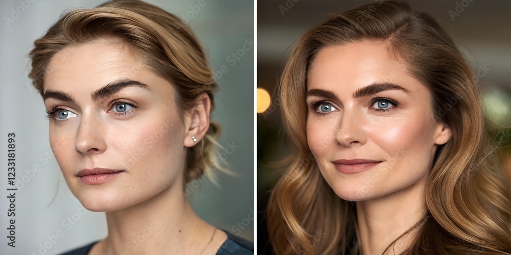 Before and after portrait of a woman with unkempt eyebrows without make up and groomed eyebrows with make up Before and after portrait of a woman with unkempt eyebrows without make up and groomed eyebrows with make up