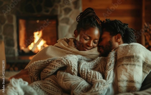 Intimate Moment of a Couple Cuddling Under a Warm Blanket on a Chilly Evening photo