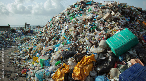 Mountains of plastic waste and discarded materials, overtaking once-thriving landscapes, serving as a stark reminder of humanity’s impact on the planet. photo