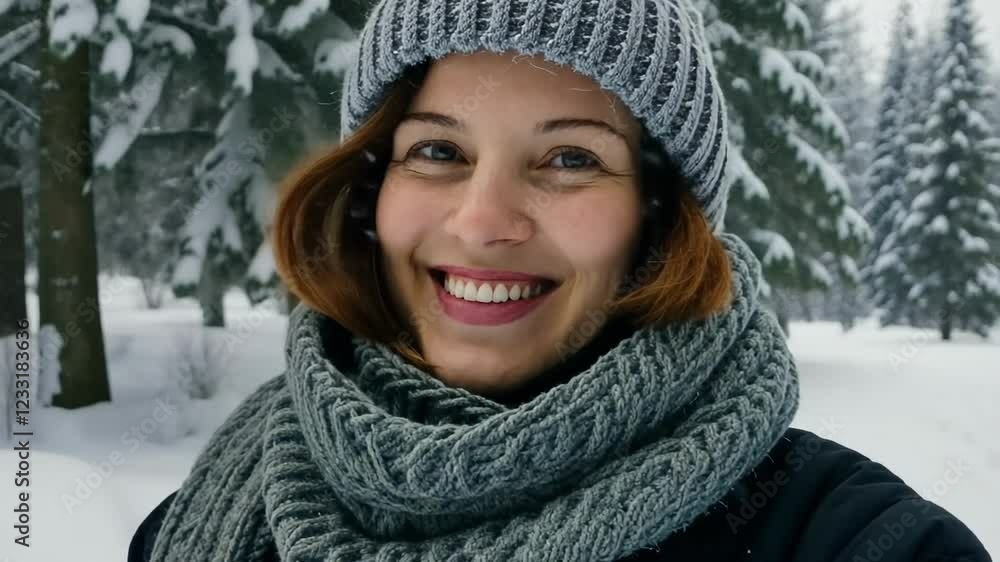 Joyful woman enjoying winter wonderland in snowy forest setting Joyful woman enjoying winter wonderland in snowy forest setting