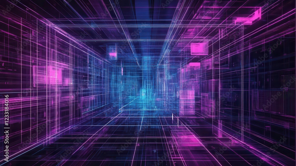 cyberpunk cityscape grid with neon wireframes retrofuturistic perspective lines holographic elements in purple and cyan synthwave aesthetic cyberpunk cityscape grid with neon wireframes retrofuturistic perspective lines holographic elements in purple and cyan synthwave aesthetic