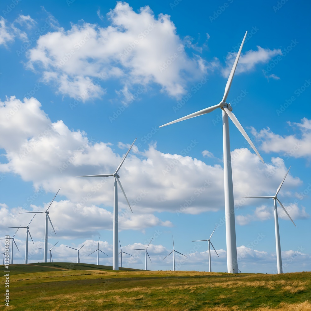 Scenic wind turbine farm on rolling green hills, representing renewable energy, environmental sustainability and clean power generation in a serene natural setting Scenic wind turbine farm on rolling green hills, representing renewable energy, environmental sustainability and clean power generation in a serene natural setting