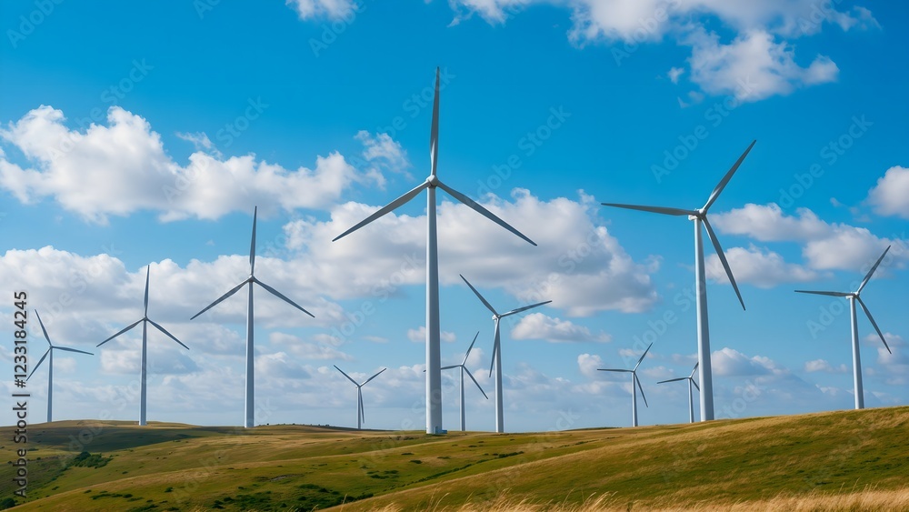 Wind farm with tall turbines on a green hill, highlighting clean energy solutions, renewable power and environmental sustainability in a natural landscape Wind farm with tall turbines on a green hill, highlighting clean energy solutions, renewable power and environmental sustainability in a natural landscape