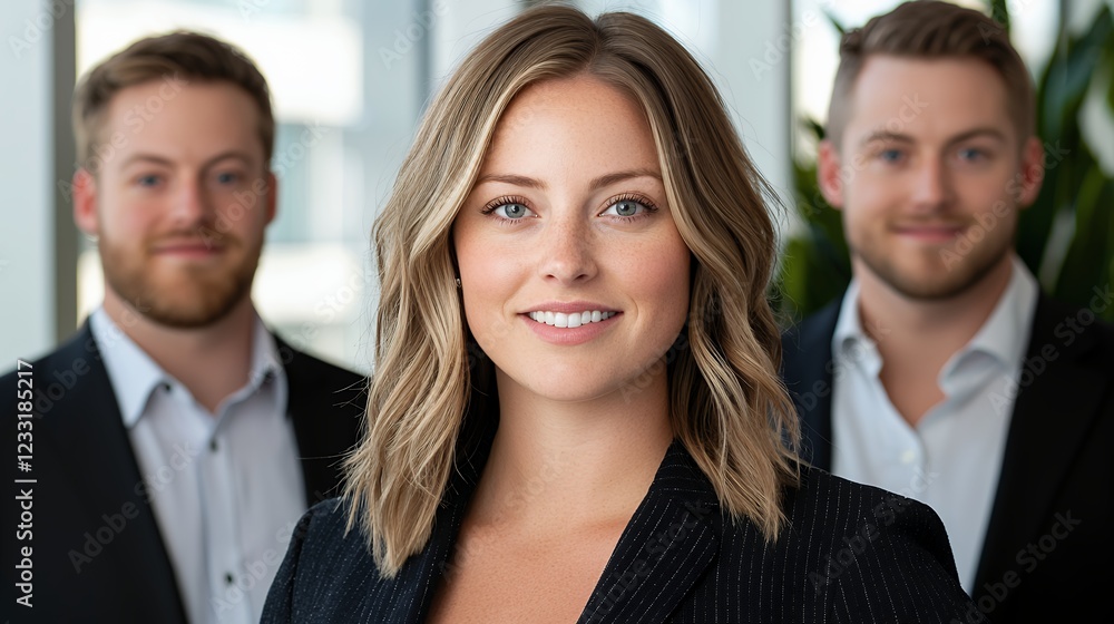 Confident Business Team Portrait Woman and Two Men in Modern Office Setting Confident Business Team Portrait Woman and Two Men in Modern Office Setting