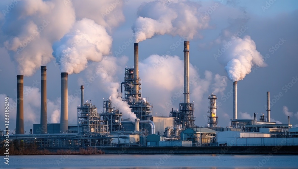Industrial Complex and Pollution: A View of a Refinery Emitting Smoke Stacks, Reflecting Environmental Concerns Industrial Complex and Pollution: A View of a Refinery Emitting Smoke Stacks, Reflecting Environmental Concerns