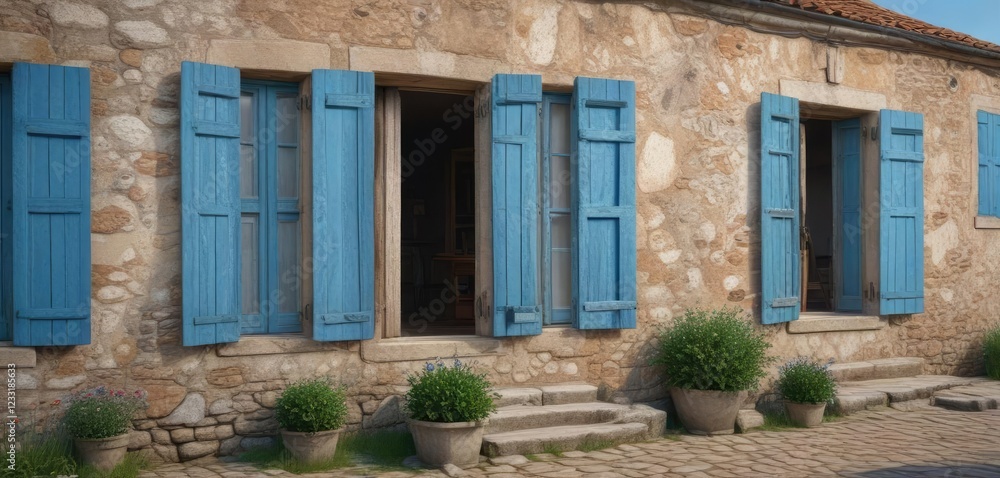 Fototapeta premium Faded blue shutters on a weathered stone house in a picturesque village, quaint, traditional, vintage, charming, weathered