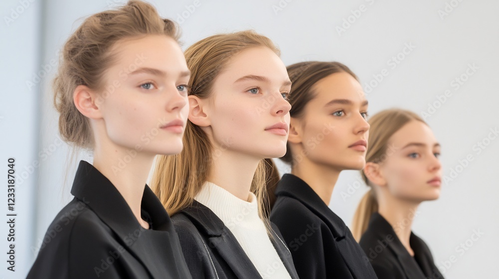 Models posing, studio backdrop, fashion show preparation Models posing, studio backdrop, fashion show preparation