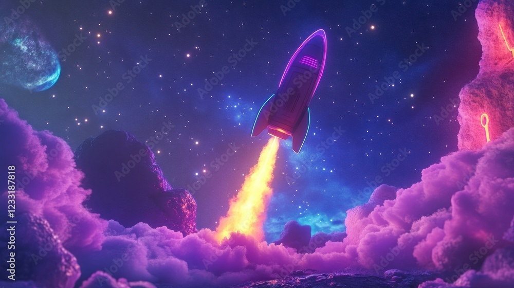 Retro rocket launching through vibrant nebula clouds and stars. Retro rocket launching through vibrant nebula clouds and stars.