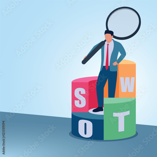 A man carrying a magnify stands on a swot pie chart. Illustration of swot analysis, strengths, weaknesses, opportunities, and threats.