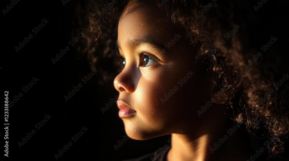 dramatic studio portrait of child with natural curly hair illuminated by single light source creating chiaroscuro effect against deep shadows dramatic studio portrait of child with natural curly hair illuminated by single light source creating chiaroscuro effect against deep shadows