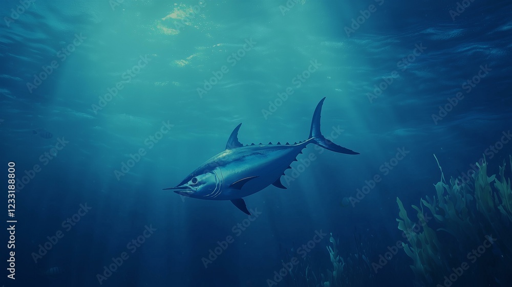 Naklejka premium A majestic tuna fish swimming swiftly through the deep blue ocean, photorealistic marine scene 