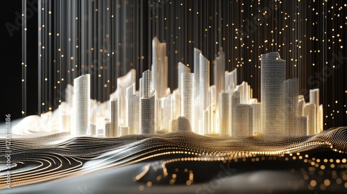 innovation city and abstract dot points connect with gradient lines and aesthetic Intricate wave line design, big data connection technology concept.