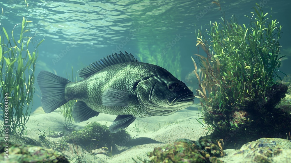 Fototapeta premium A realistic close-up of a sea bass resting on the ocean floor, photorealistic underwater scene 
