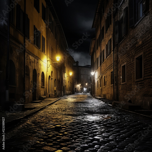 A narrow street in a European city is lit up by lanterns