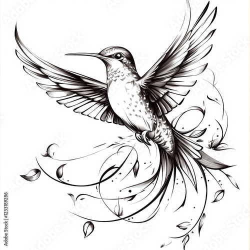 Hummingbird tattoo design, sticker style, on a white background, in black and grey vector art. 