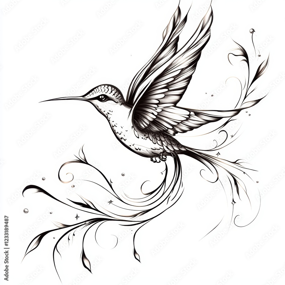 Obraz premium Hummingbird tattoo design, sticker style, on a white background, in black and grey vector art. 