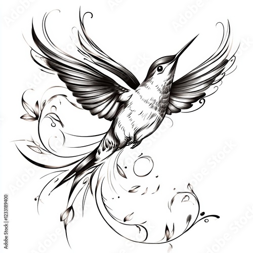 Hummingbird tattoo design, sticker style, on a white background, in black and grey vector art. 