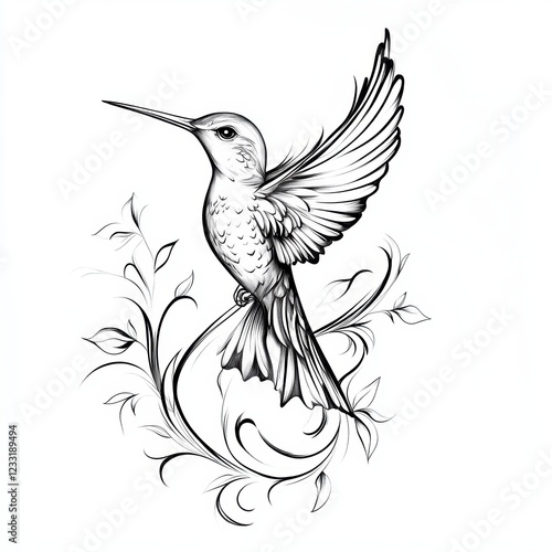 Hummingbird tattoo design, sticker style, on a white background, in black and grey vector art. 