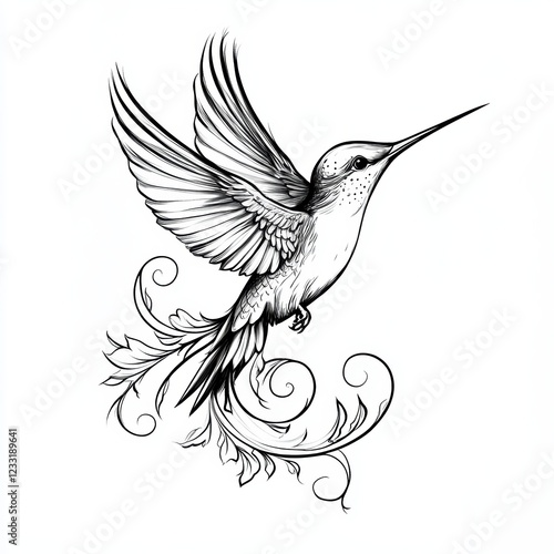 Hummingbird tattoo design, sticker style, on a white background, in black and grey vector art. 