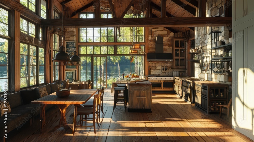 Obraz premium Inside view of a lakeside cottage home with a comfortable dining and living room