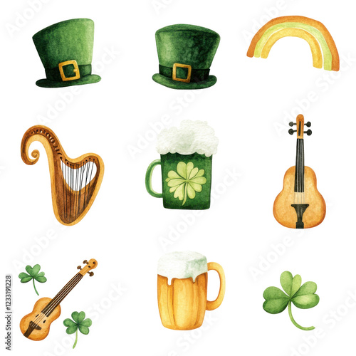 St. patrick's day PNG icons: hats, harp, shamrock, beer, violin, rainbow photo