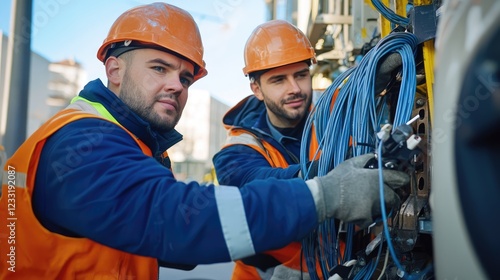 Installation technicians securing optic fiber with cable ties.