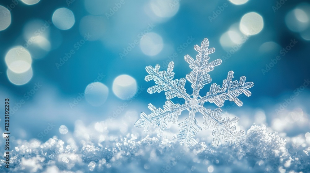 A single snowflake rests on fresh winter snow A single snowflake rests on fresh winter snow
