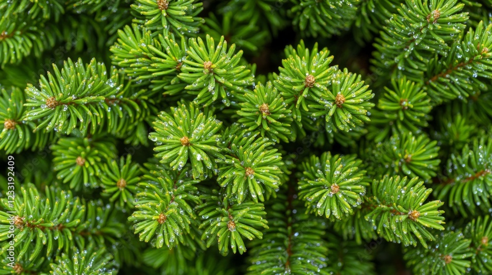 Lush Green Pine Needle Close-Up with Dewdrops on Branches Lush Green Pine Needle Close-Up with Dewdrops on Branches