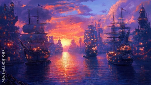 Wallpaper Mural Sunset over a fantasy harbor with many ships and towers. Torontodigital.ca