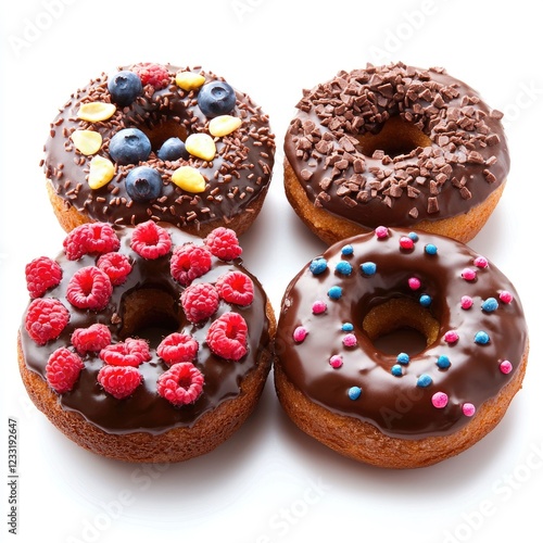 Four chocolate donuts with various toppings.  Studio shot, food photography, dessert photo