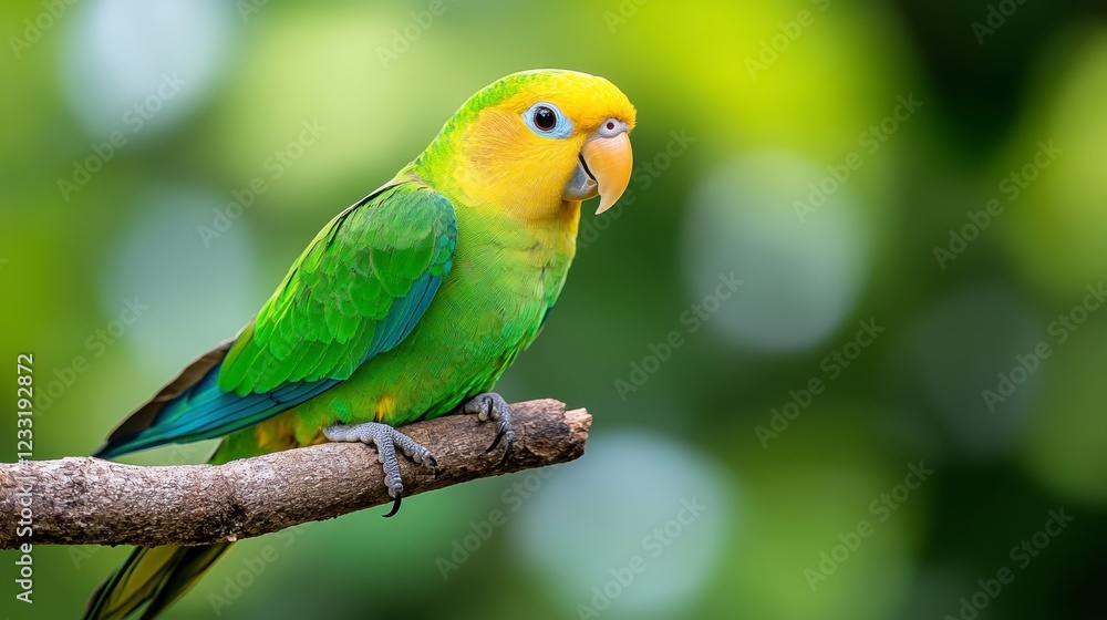 Obraz premium Vibrant Green and Yellow Parrot Perched on Branch in Nature Scene